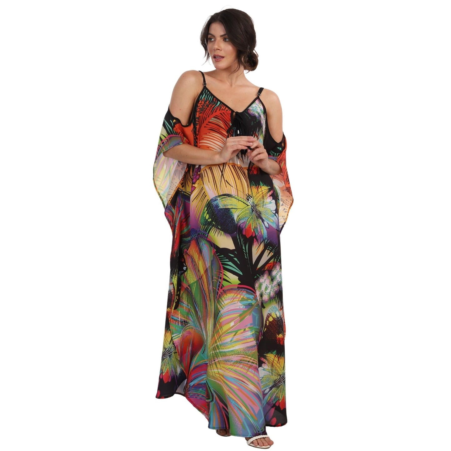 KAFTAN VESTIDO Longo de alça, ombro aberto Bixugrillo estampa Butterfly