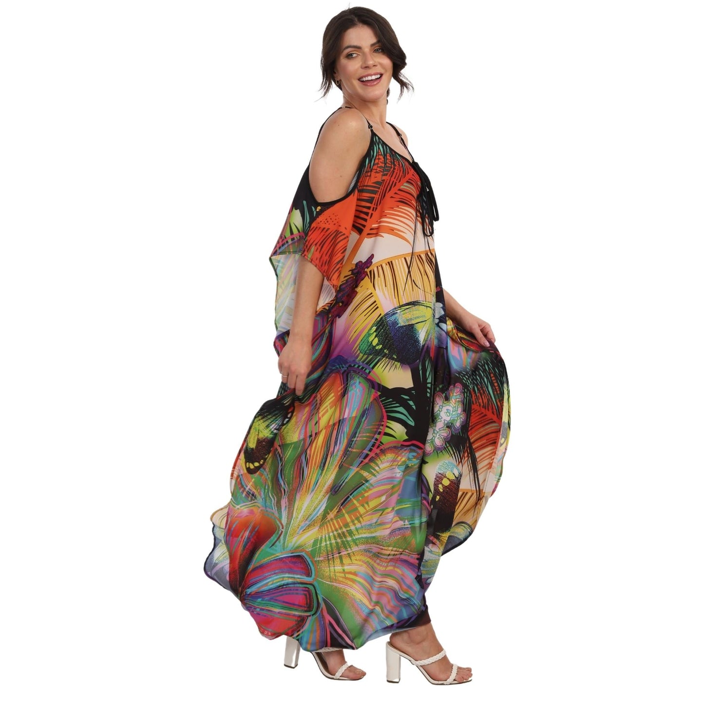 KAFTAN VESTIDO Longo de alça, ombro aberto Bixugrillo estampa Butterfly