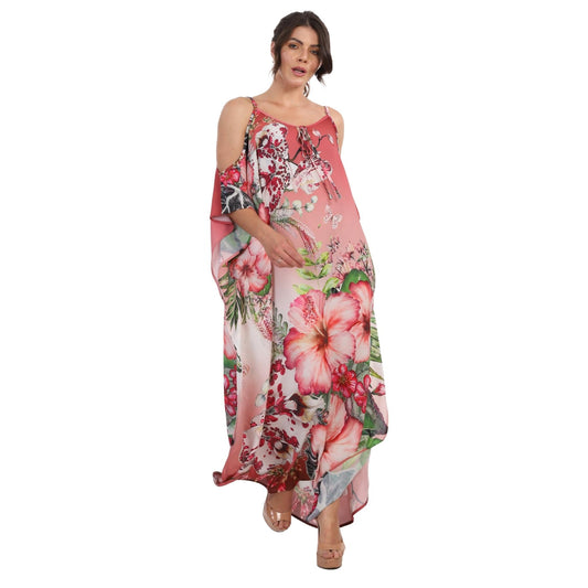 KAFTAN VESTIDO Longo de alça, ombro aberto Bixugrillo estampado Orquídea