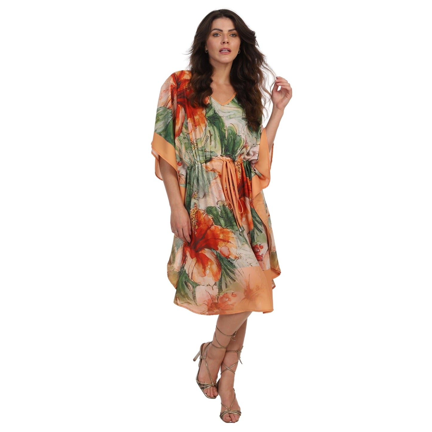 KAFTAN VESTIDO curta BIXUGRILLO com cintura ajustável estampada Hibisco Orange