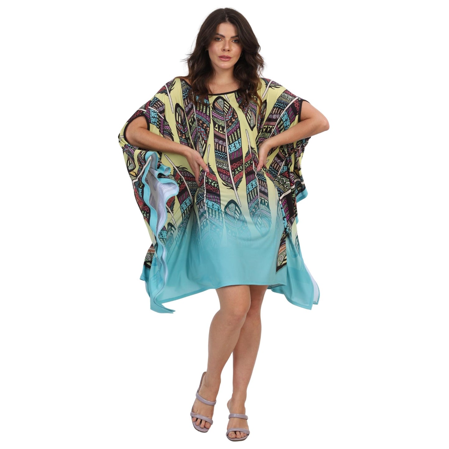KAFTAN VESTIDO curta ombro aberto BIXUGRILLO estampada Penas Hippie