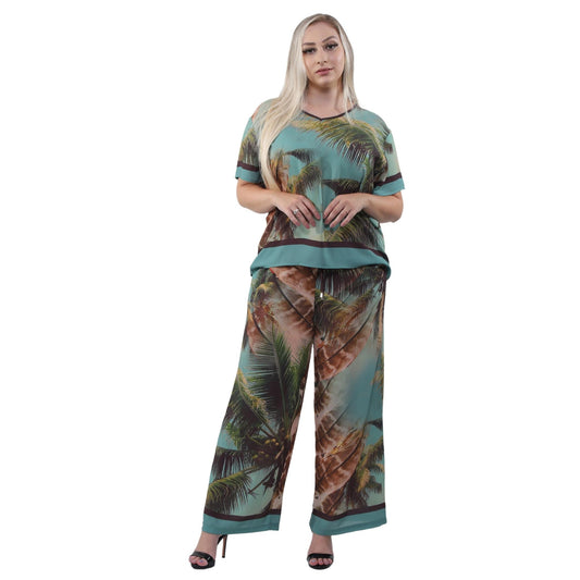 Conjunto Blusa decote "V" e calça pantalona Animal beach