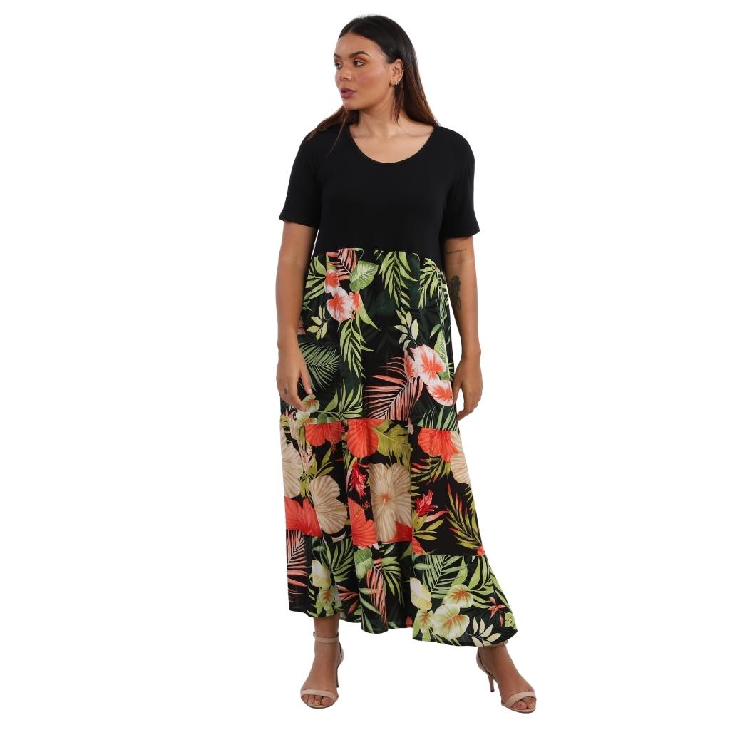 Vestido midi BIXUGRILLO saia 03 Marias estampado Hibiscus