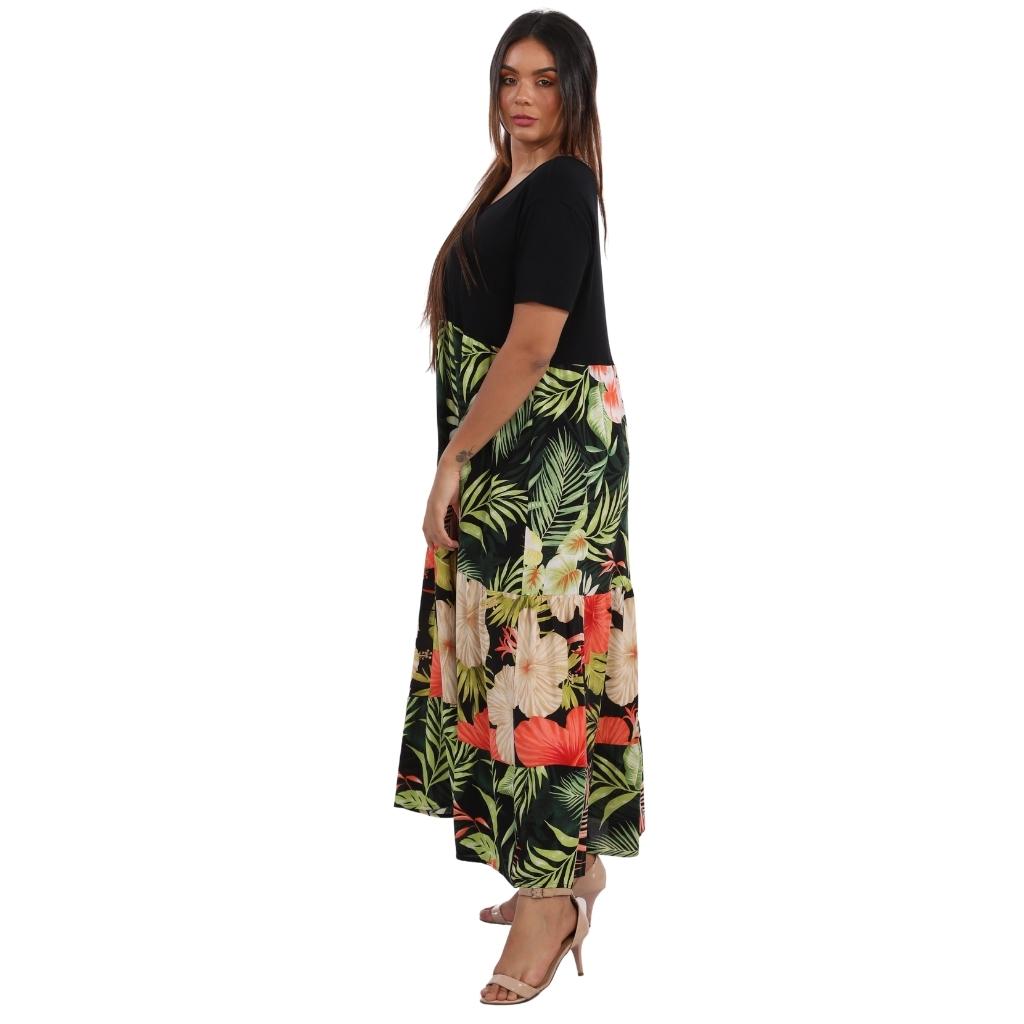 Vestido midi BIXUGRILLO saia 03 Marias estampado Hibiscus