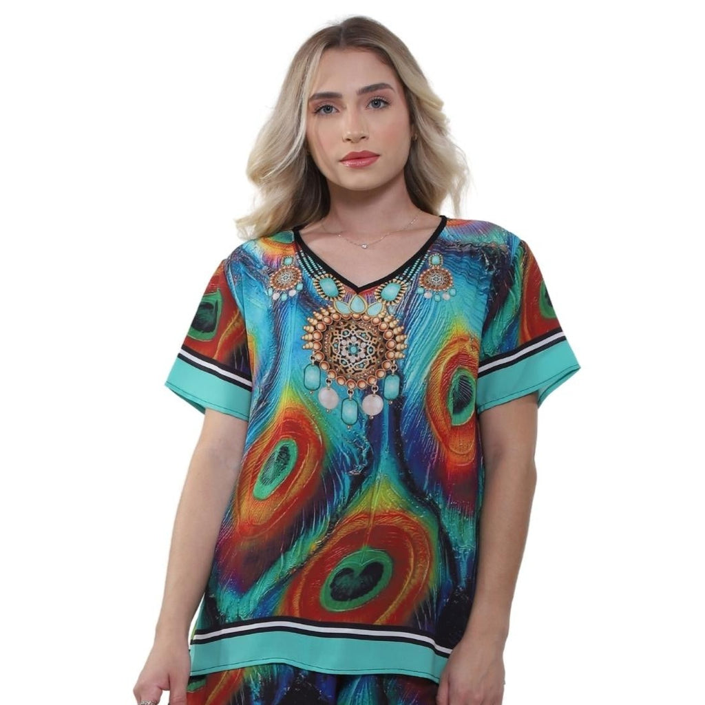 Blusa decote "V" manga curta Penas de Pavão