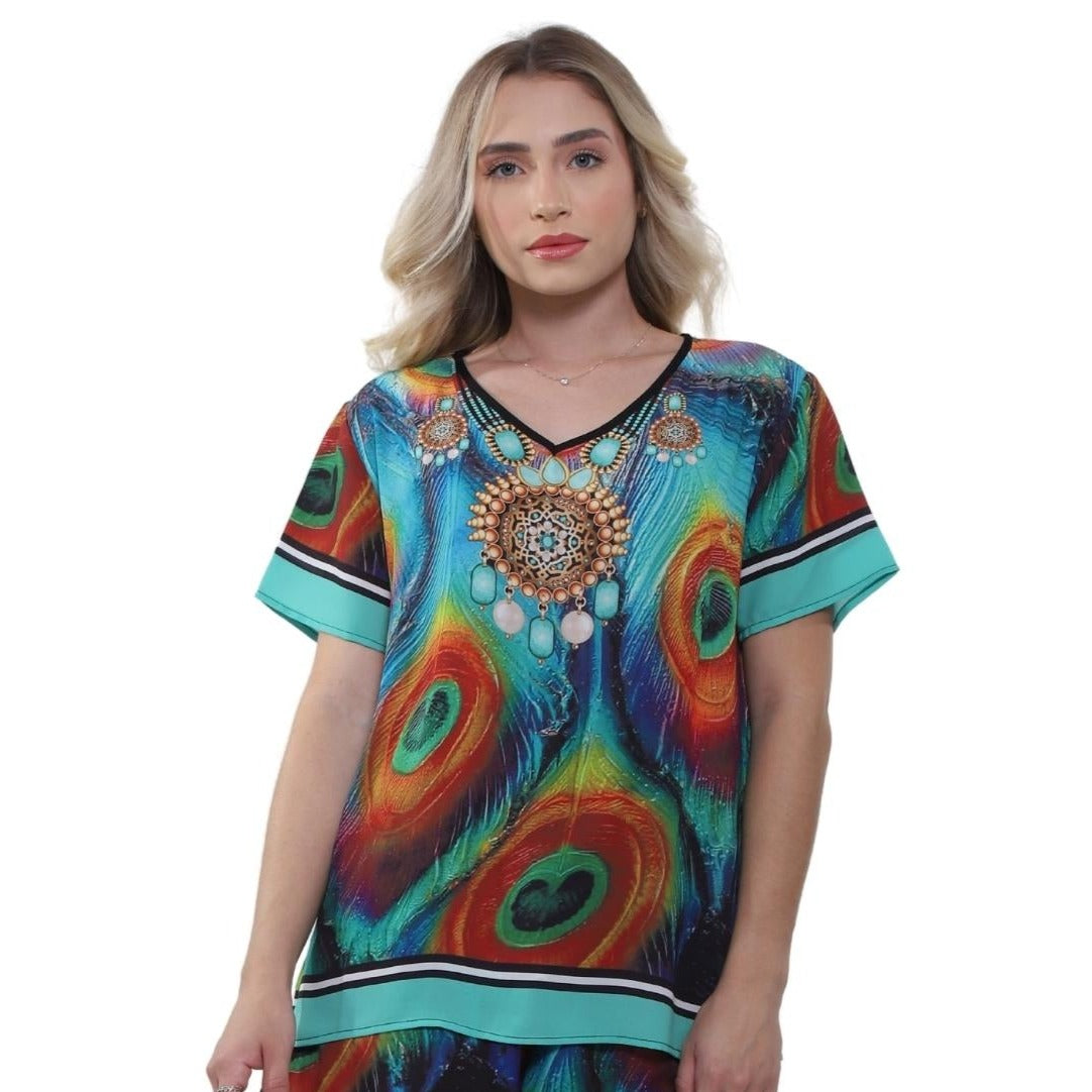 Blusa decote "V" manga curta Penas de Pavão