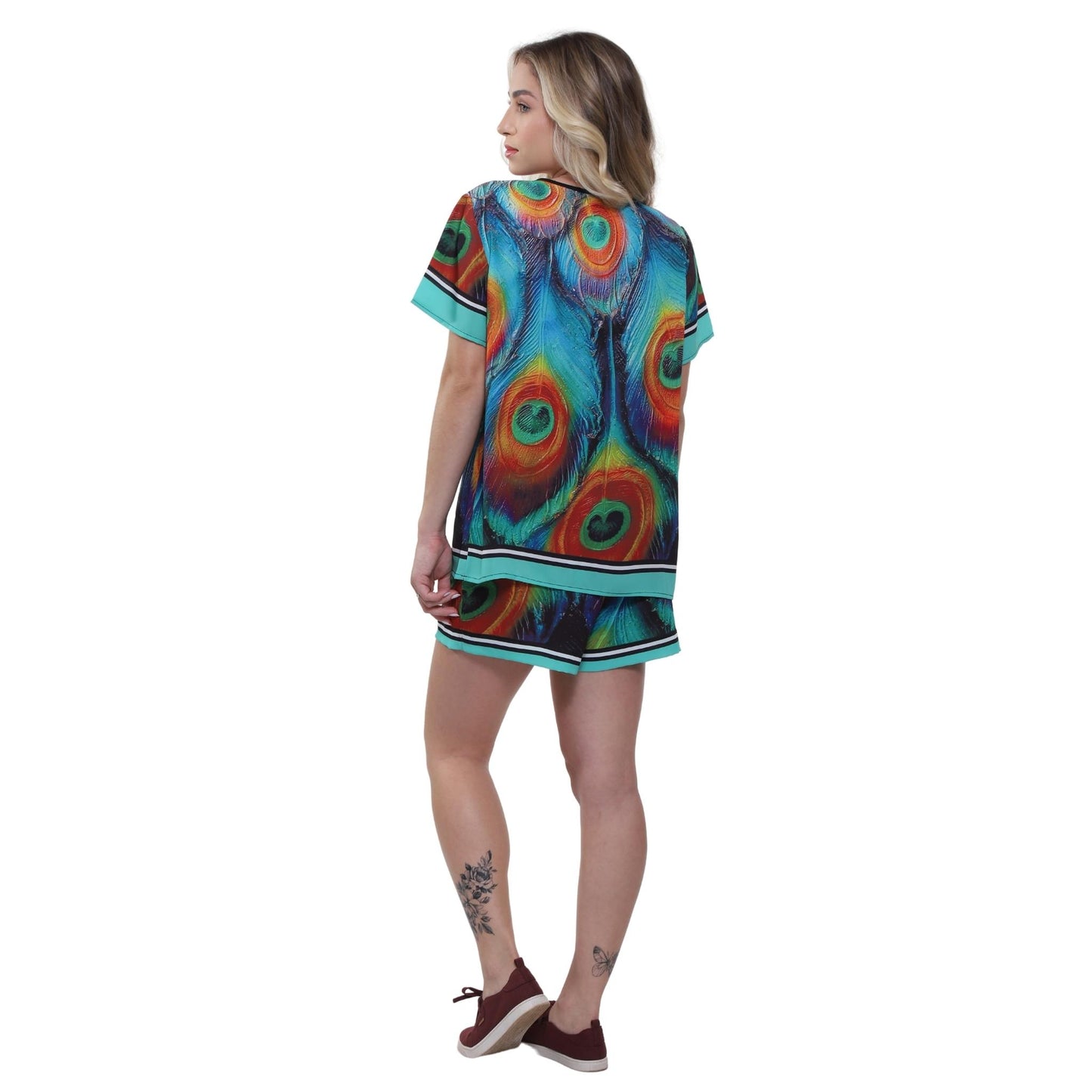 Blusa decote "V" manga curta Penas de Pavão