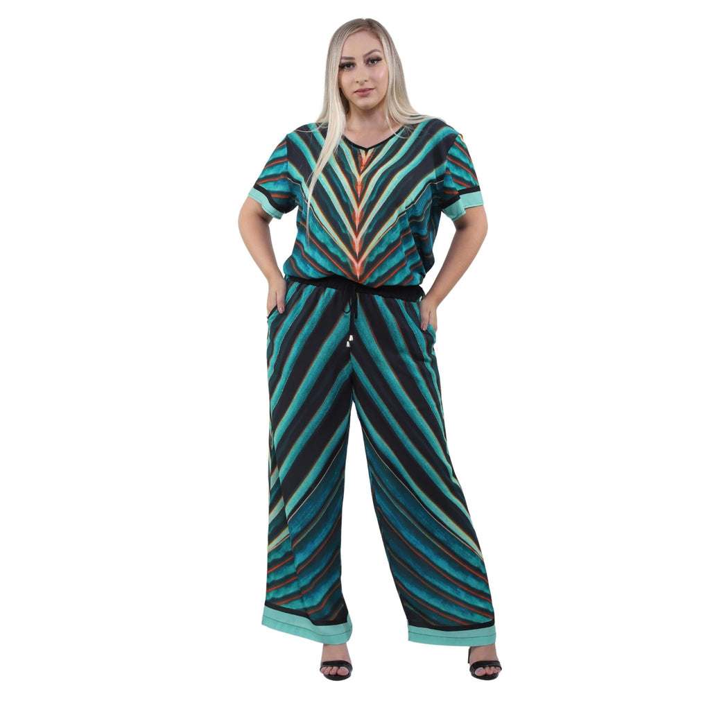 Conjunto Blusa decote "V" e calça pantalona Folhas de Coqueiro