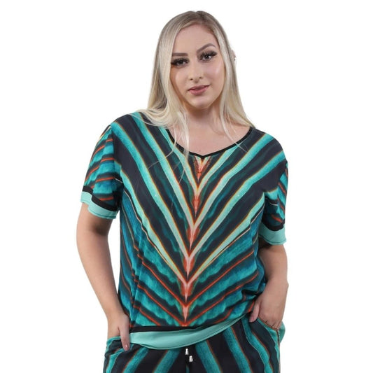 Blusa decote "V" manga curta Folhas de coqueiro