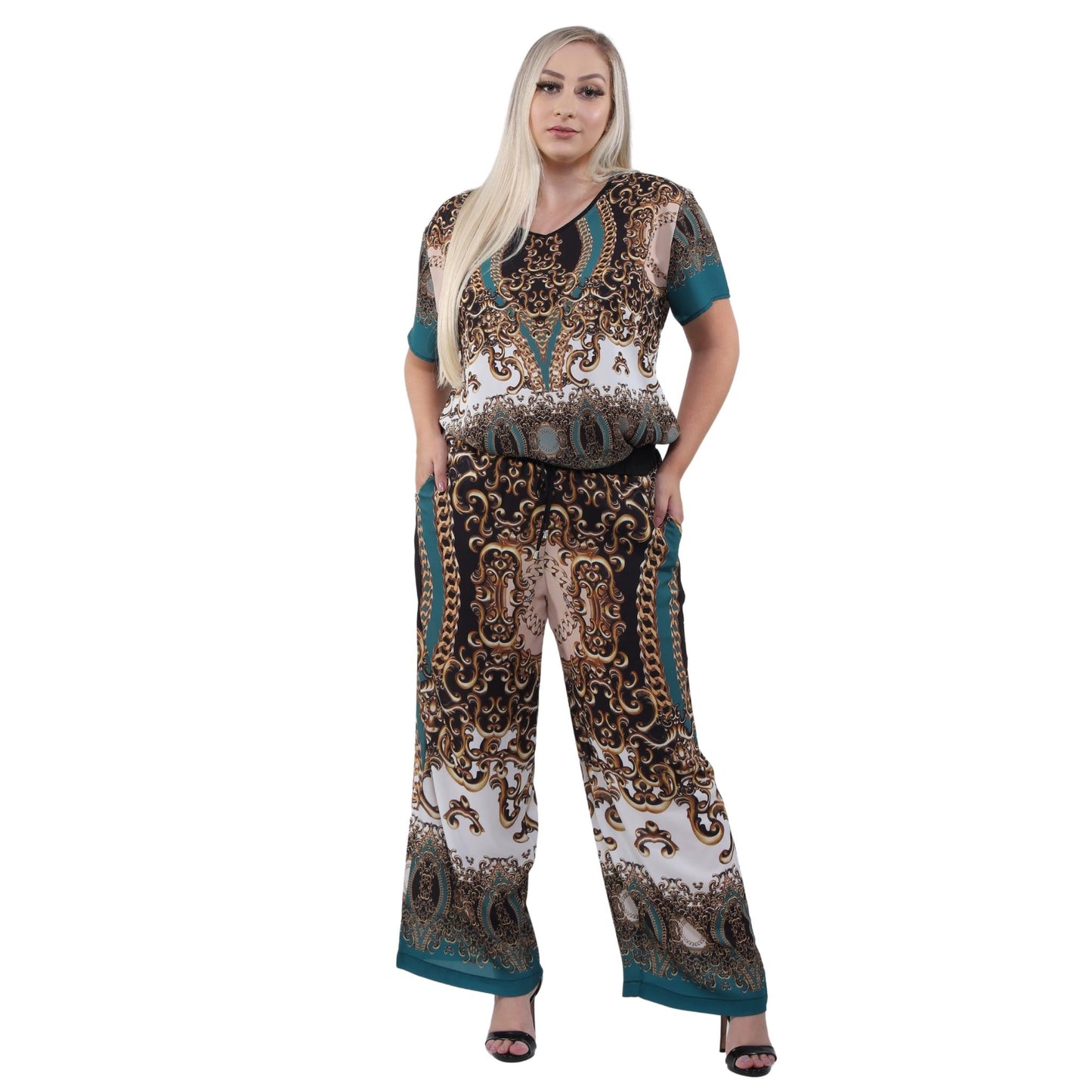 Conjunto Blusa decote "V" e calça pantalona Realeza