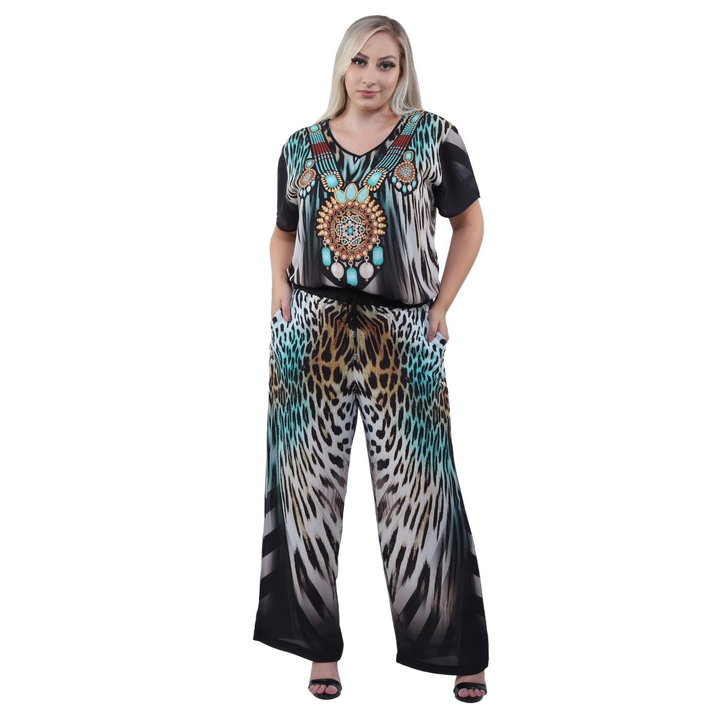 Conjunto Blusa decote "V" e calça pantalona Tamiris