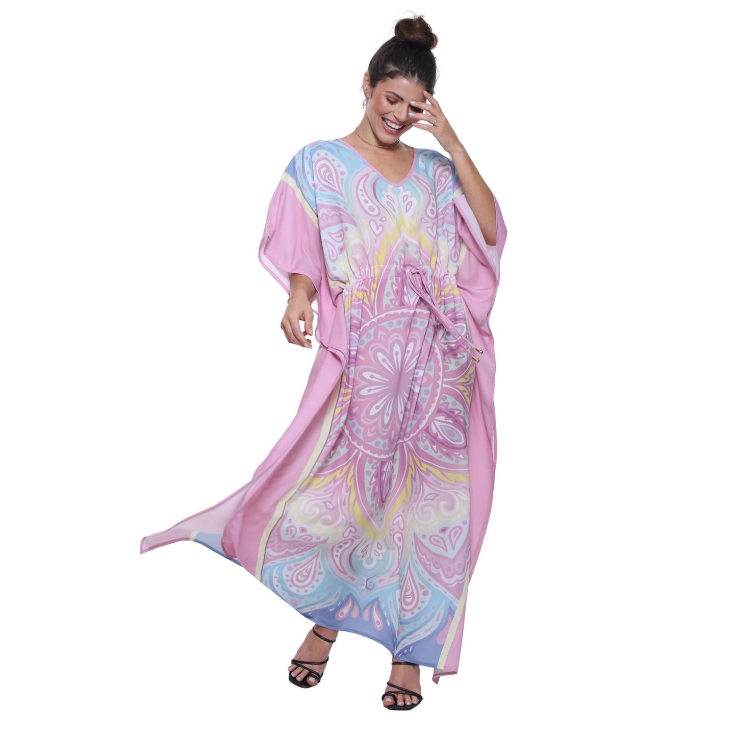 KAFTAN VESTIDO Longo BIXUGRILLO estampada Mandala Maxi Rosa