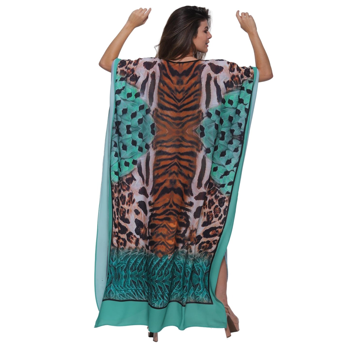 KAFTAN VESTIDO Longo BIXUGRILLO estampada Penas Verdes