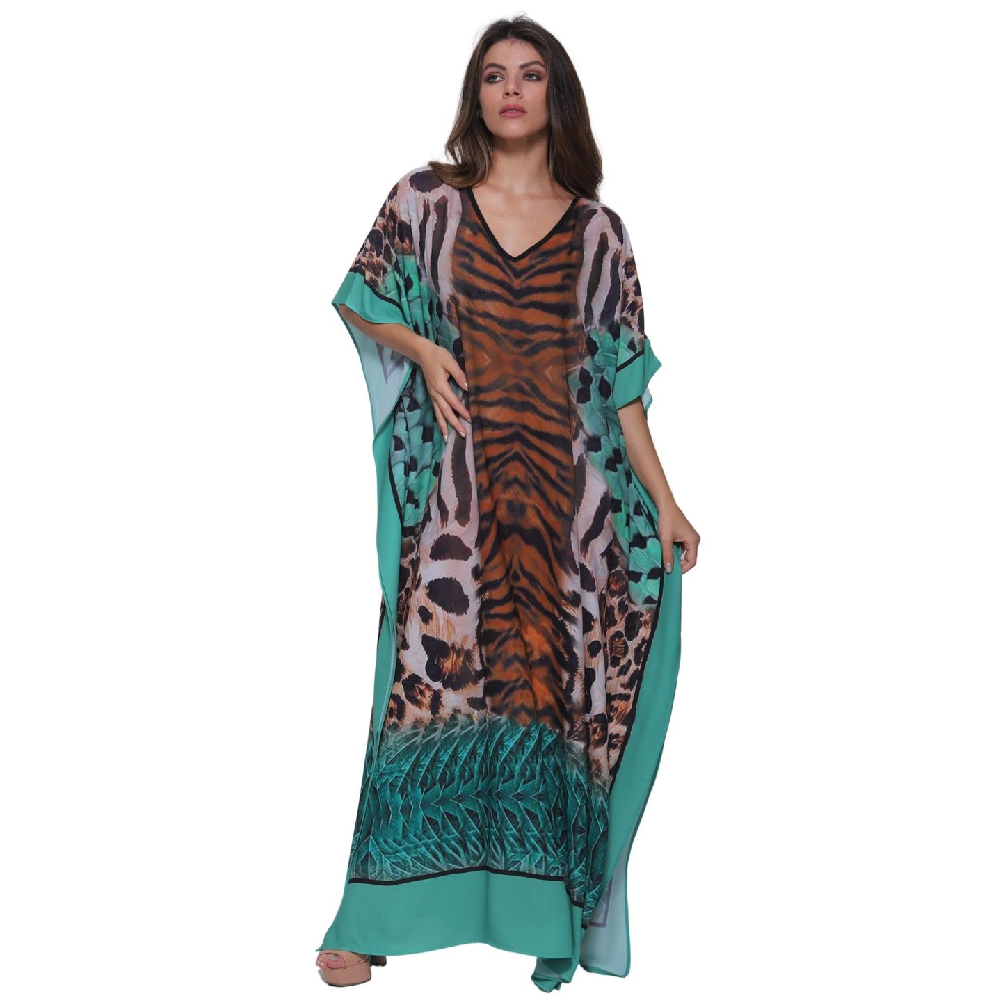 KAFTAN VESTIDO Longo BIXUGRILLO estampada Penas Verdes