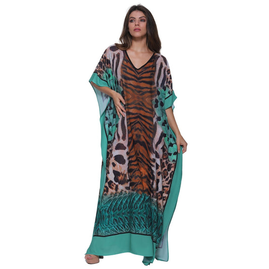 KAFTAN VESTIDO Longo BIXUGRILLO estampada Penas Verdes