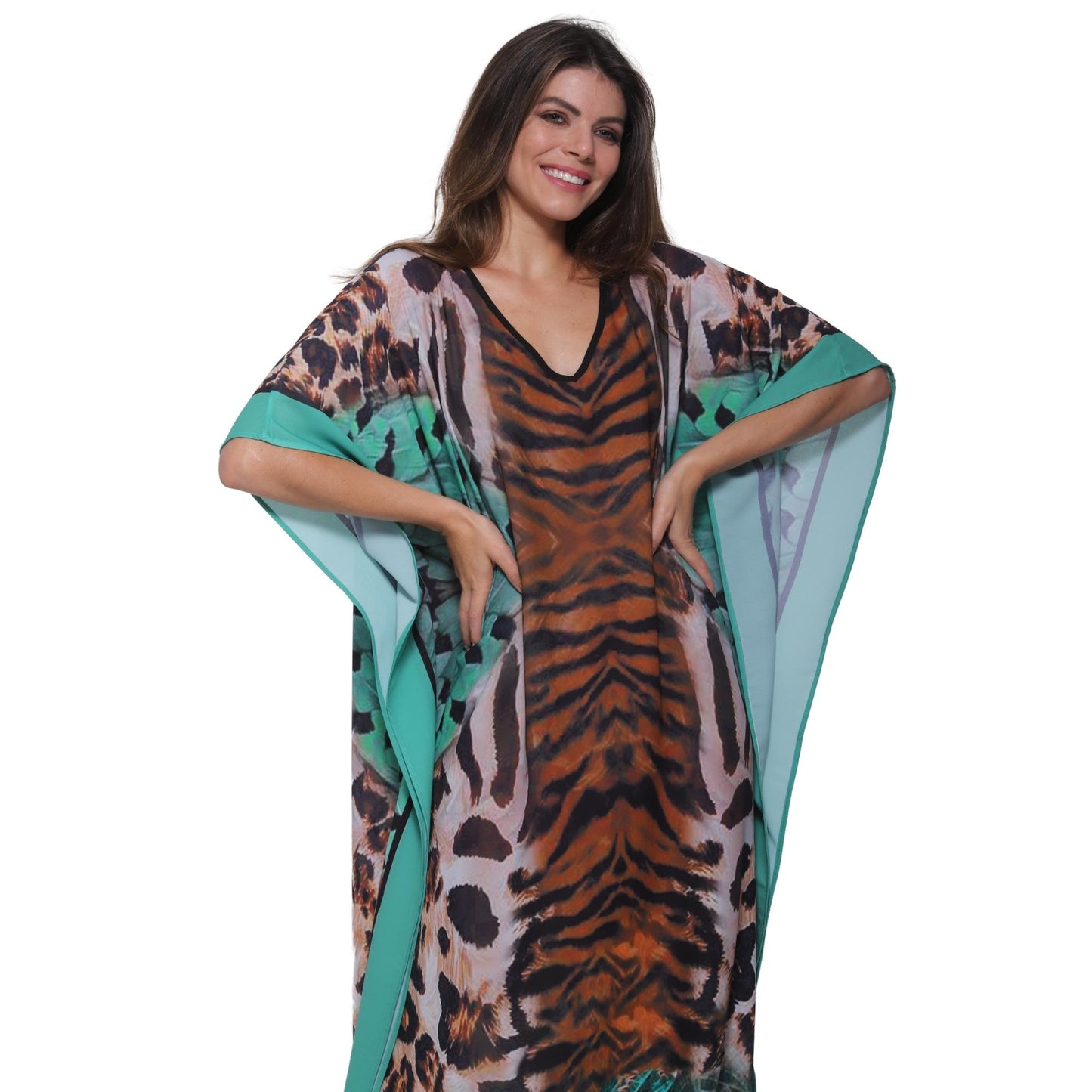 KAFTAN VESTIDO Longo BIXUGRILLO estampada Penas Verdes